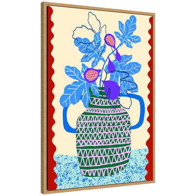 Framed canvas wall art print titled Sweet Fig Pot by Teresa Rego depicting a natural-toned still life with fig in a clay pot