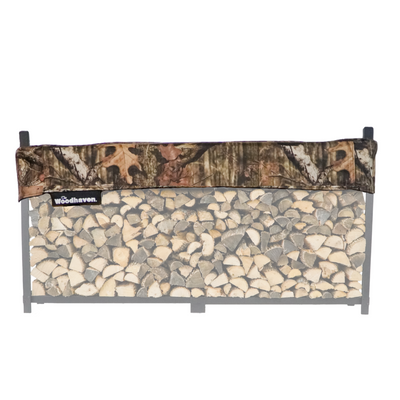 Woodhaven Short Firewood Rack Seasoning Cover in black on a firewood rack