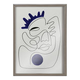 Abstract line drawing of a face with blue crown-like shapes on the head and a solid purple circle near the chin, in a gray frame.