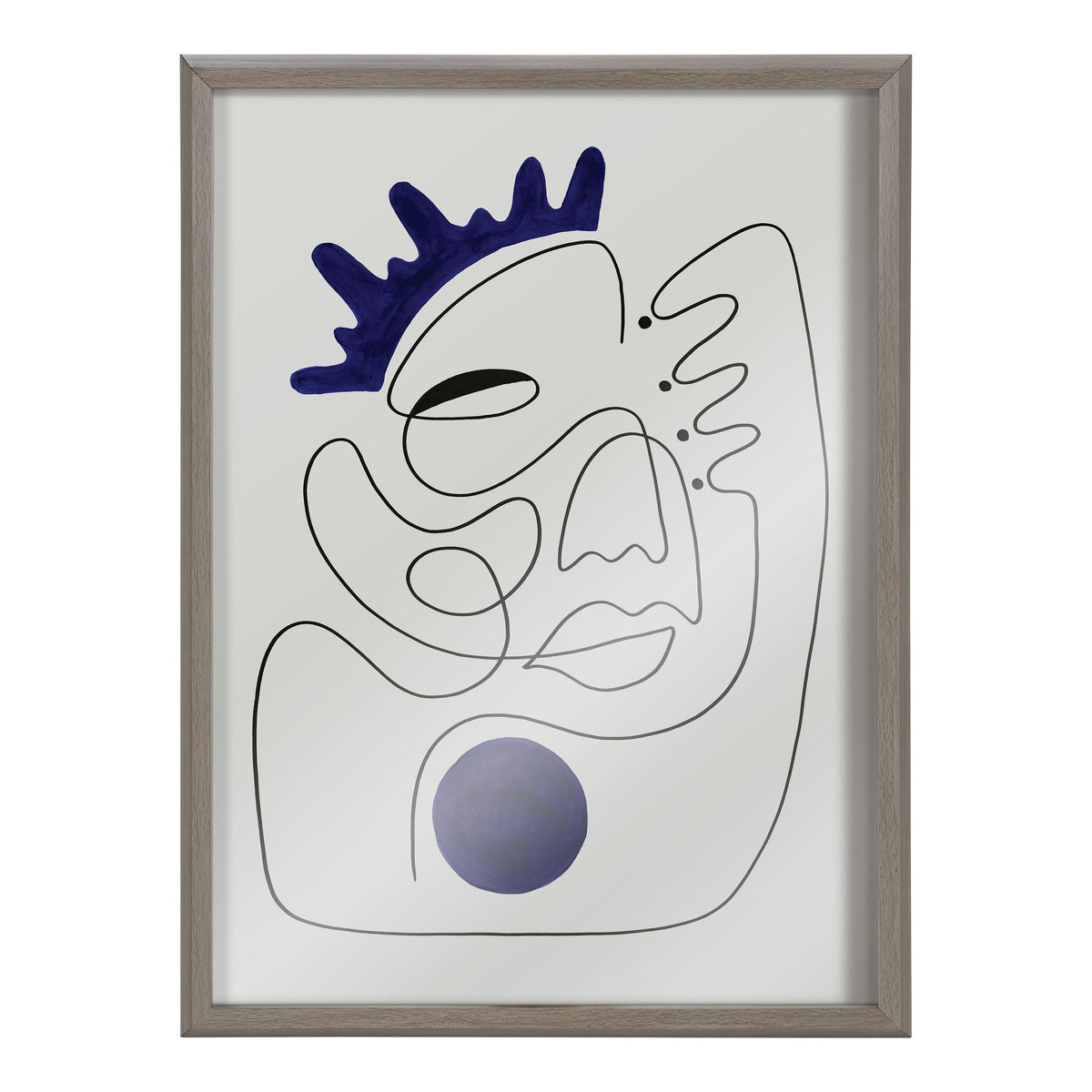 Abstract line drawing of a face with blue crown-like shapes on the head and a solid purple circle near the chin, in a gray frame.