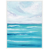 Painting of ocean waves in various shades of turquoise under a cloudy sky with soft, swirling white and gray clouds, framed in a simple white frame.