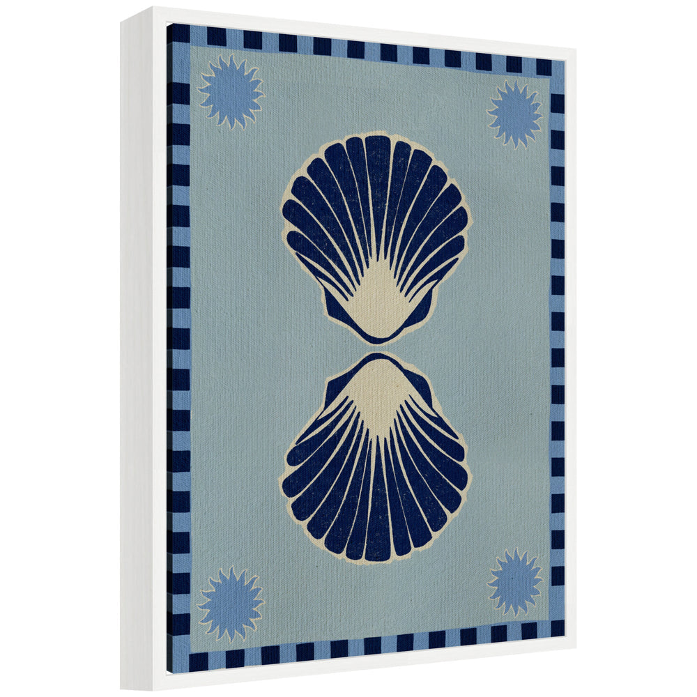 Sylvie Lush Duo 3 Seashells framed canvas art showing three seashells on a beach-themed background