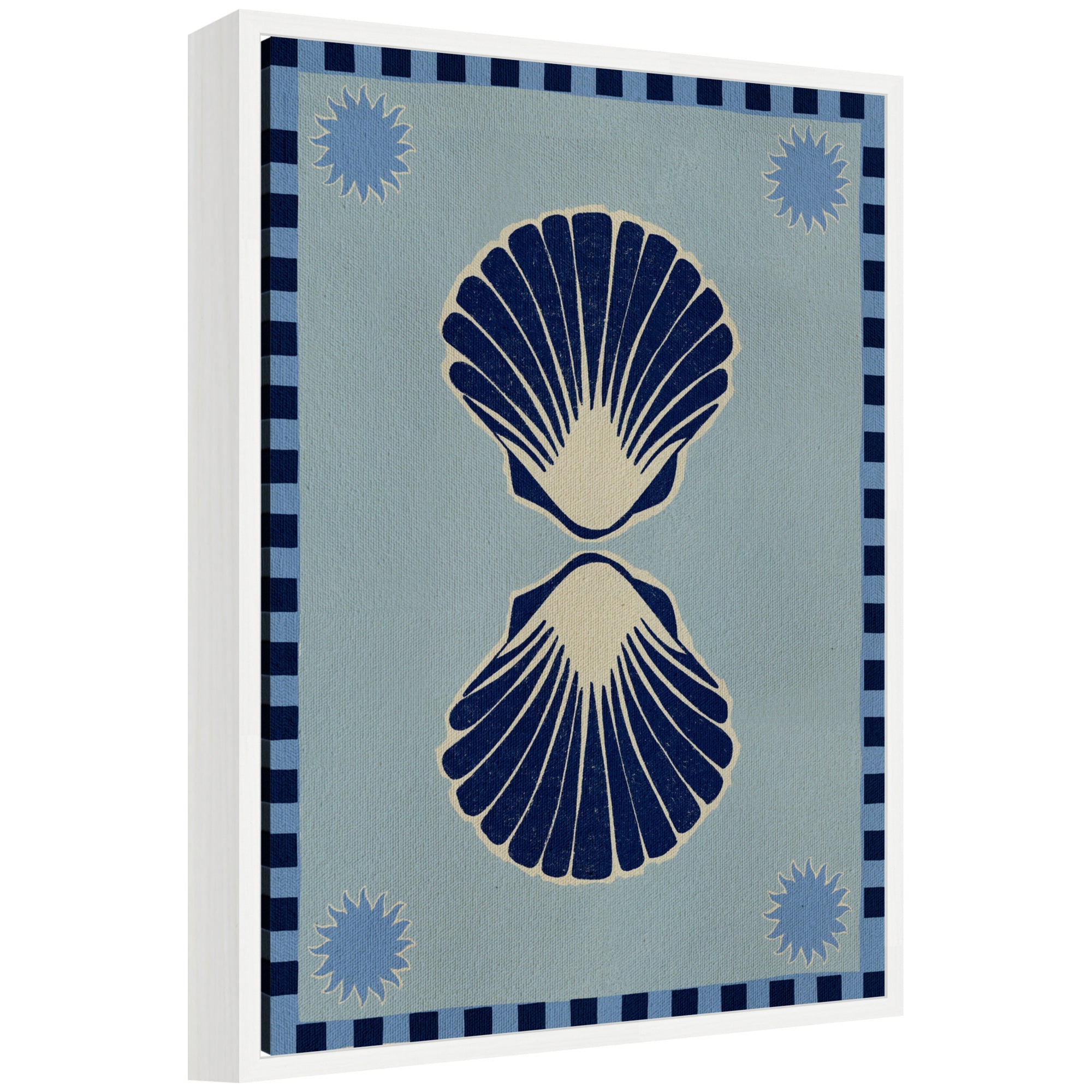 Sylvie Lush Duo 3 Seashells framed canvas art showing three seashells on a beach-themed background