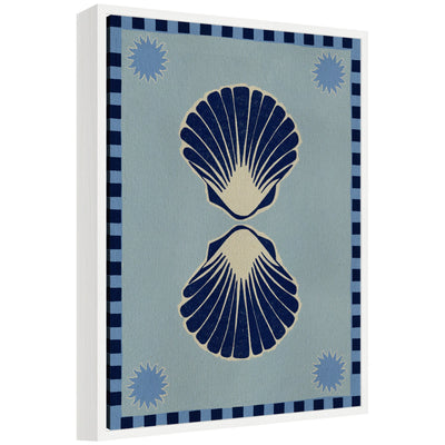 Sylvie Lush Duo 3 Seashells framed canvas art showing three seashells on a beach-themed background