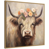 Painting of a Highland cow with long curved horns and a colorful flower crown of pink, orange, and white blooms on its head, set against a beige background.