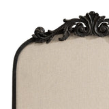 Top section of an Arendahl Arch Framed Pinboard featuring a beige fabric surface with a dark, ornately carved wooden arch frame and floral scroll decorations.