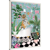 Sylvie Beaded Maximalist Tiger Bath framed canvas artwork by Honey Island Studio showing a tiger portrait with beaded white frame