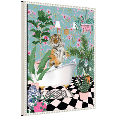 Sylvie Beaded Maximalist Tiger Bath framed canvas artwork by Honey Island Studio showing a tiger portrait with beaded white frame