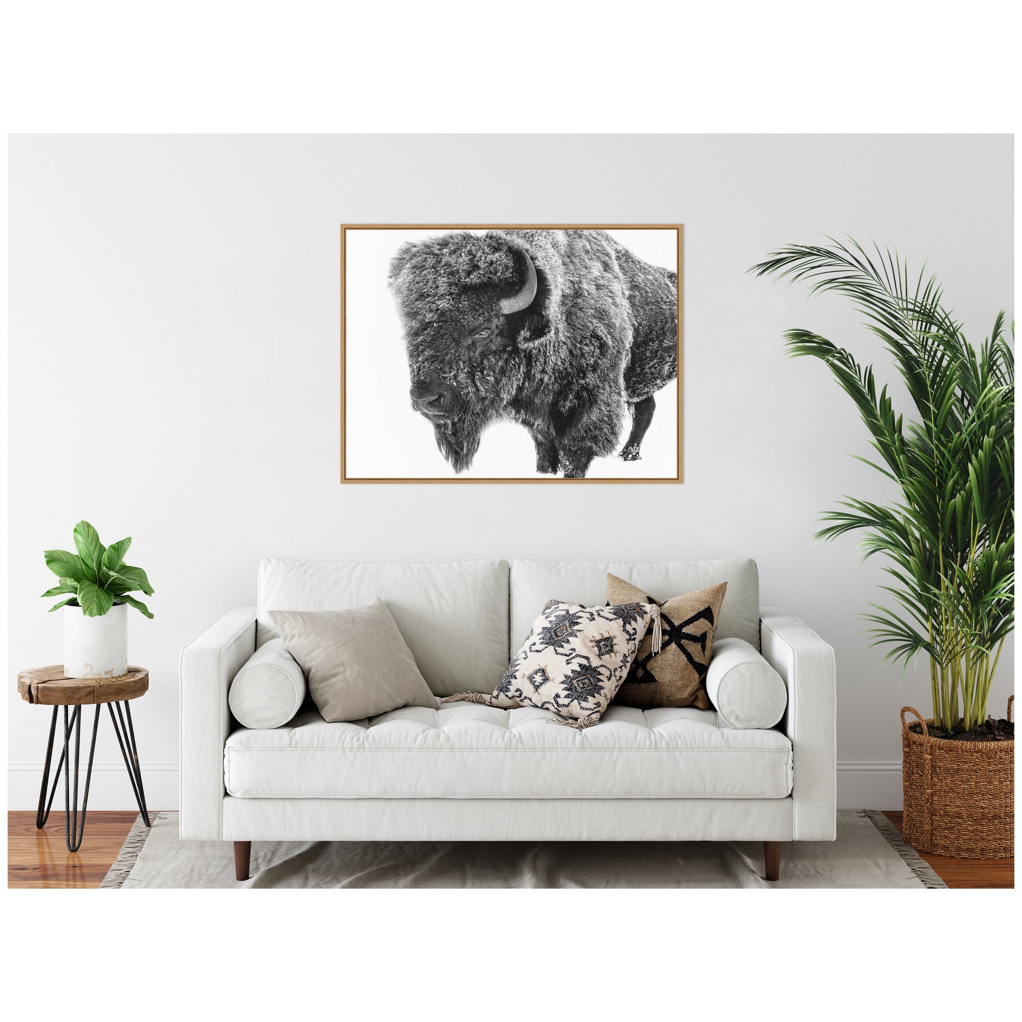 Bison in Snow Black and White by Amy Peterson Framed Canvas Wall Art Print