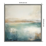 Abstract landscape painting with soft teal and beige hues blending into a calming lake scene under a light, cloudy sky in a simple gray frame.
