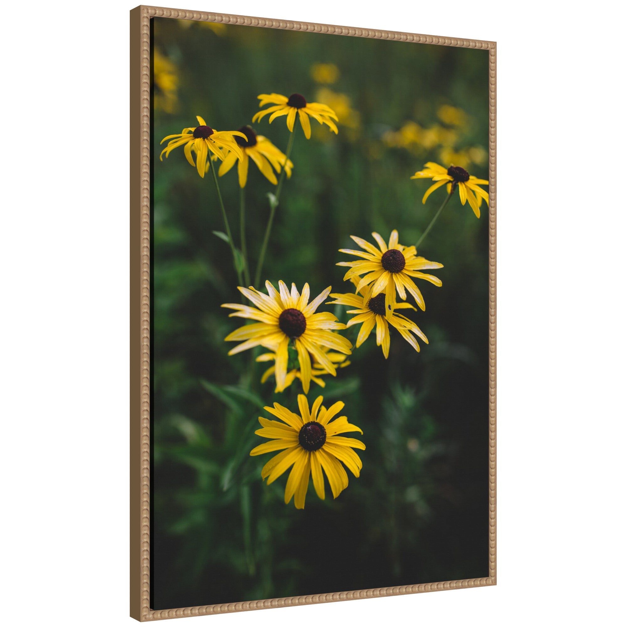 Sylvie Yellow Daisy Floral Blooms Framed Canvas showing yellow daisies clustered on a gallery-wrapped canvas with vintage beaded rustic natural frame