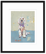 Abstract painting of a white and brown doodle dog wearing a purple bow tie, set against a muted beige and blue background.