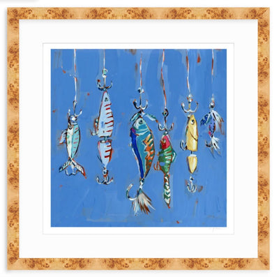 Hooked On You Fish Lures Fine Art Print by Chelsea McShane Art, showing vibrant colorful fish lures on fine art paper
