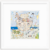 Whimsical painting of a wooden ark with various animals including giraffes, elephants, and penguins on board, surrounded by aquatic creatures and soft pastel background.