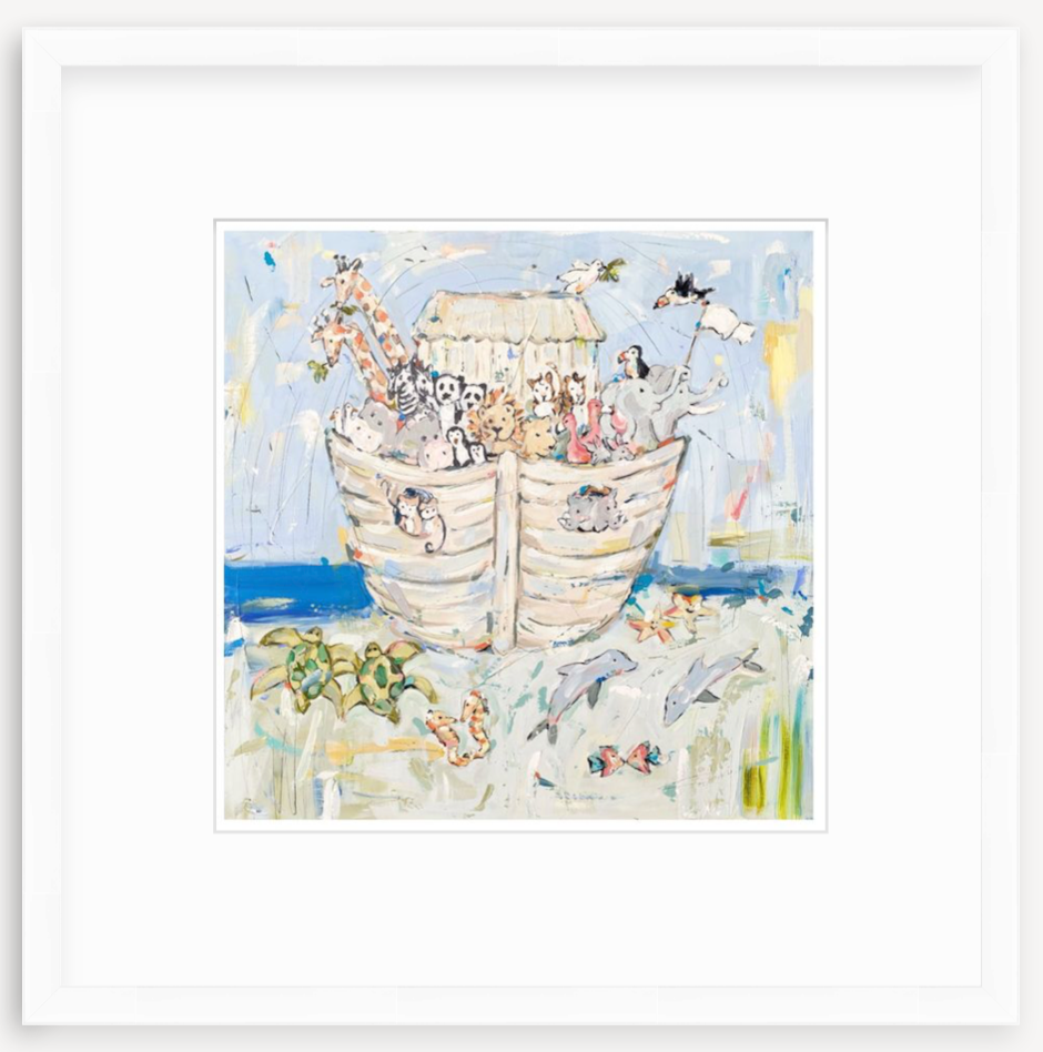 Whimsical painting of a wooden ark with various animals including giraffes, elephants, and penguins on board, surrounded by aquatic creatures and soft pastel background.