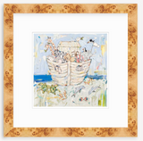 Whimsical illustration of a wooden ark with various animals including giraffes, elephants, dogs, and birds, set against a light blue and sandy background with ocean waves and fish.