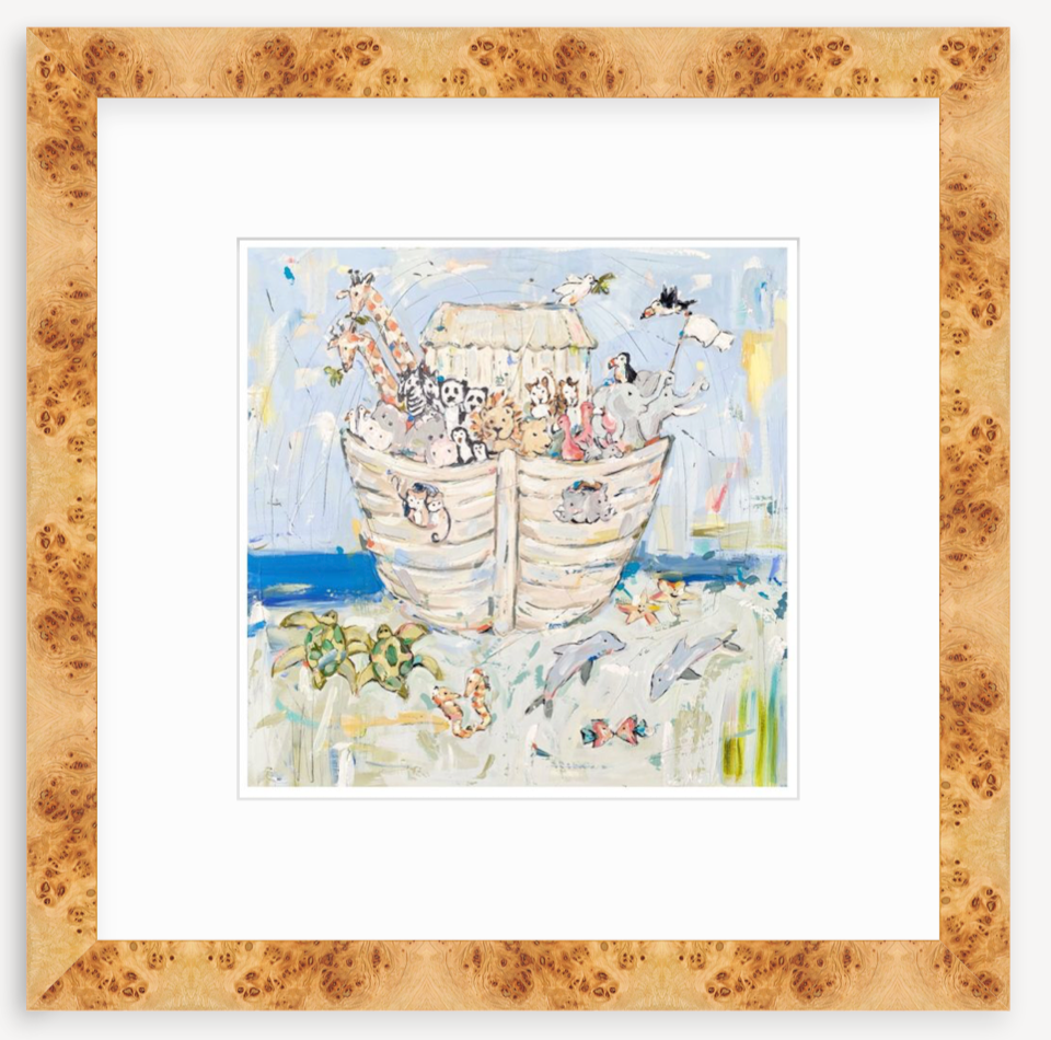 Whimsical illustration of a wooden ark with various animals including giraffes, elephants, dogs, and birds, set against a light blue and sandy background with ocean waves and fish.