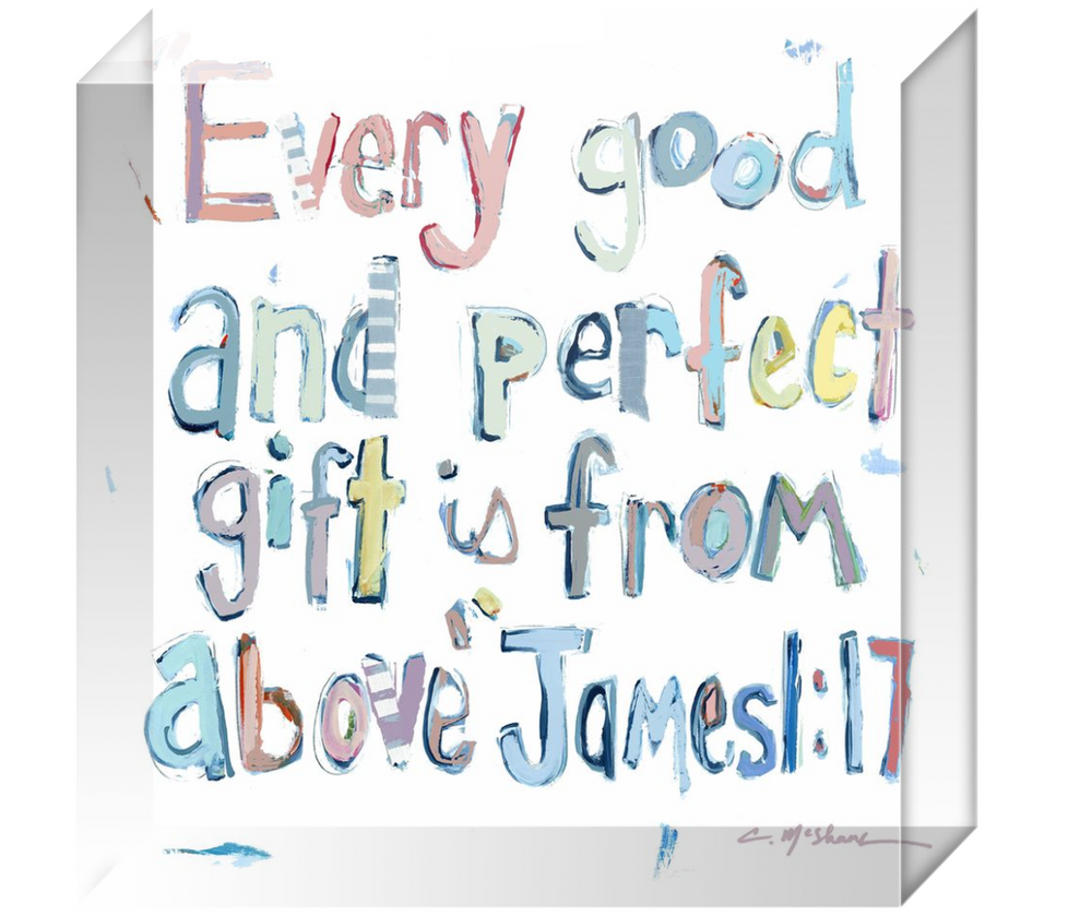 James 1:17 Bible Verse Acrylic Tabletop Art shown in pink and blue color variants.