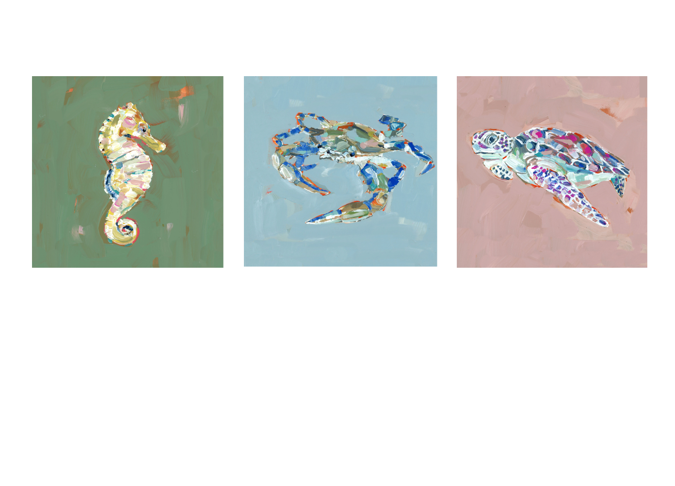Coastal Love Blue Crab, Turtle, and Seahorse Fine Art Print by Chelsea McShane