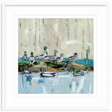 Impressionistic painting of mallard ducks gathered on a grassy mound and floating in blue water, with beige vertical brushstrokes in the background.