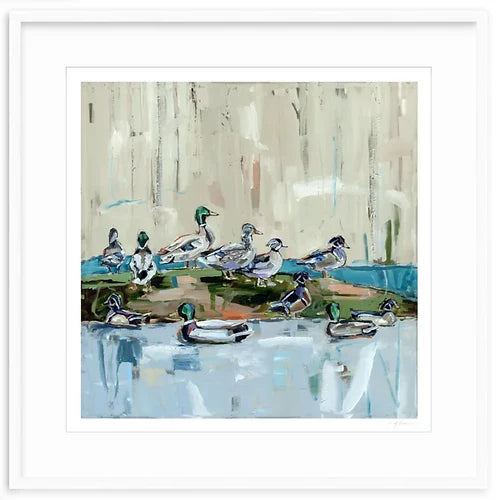 Impressionistic painting of mallard ducks gathered on a grassy mound and floating in blue water, with beige vertical brushstrokes in the background.