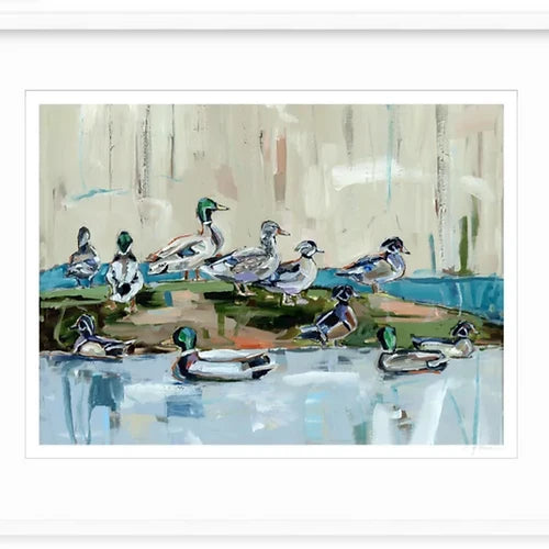 Impressionistic painting of mallard ducks gathered on a grassy mound by blue water, with muted beige and gray vertical background brushstrokes.