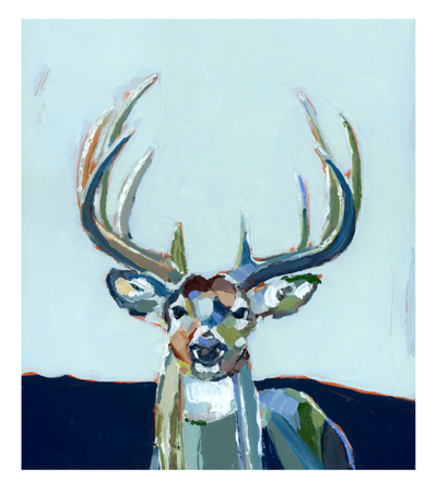 Bucky Deer Fine Art Print showing a stylized deer head illustration with floral and abstract elements in blue tones