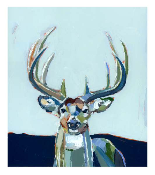Bucky Deer Fine Art Print showing a stylized deer head illustration with floral and abstract elements in blue tones