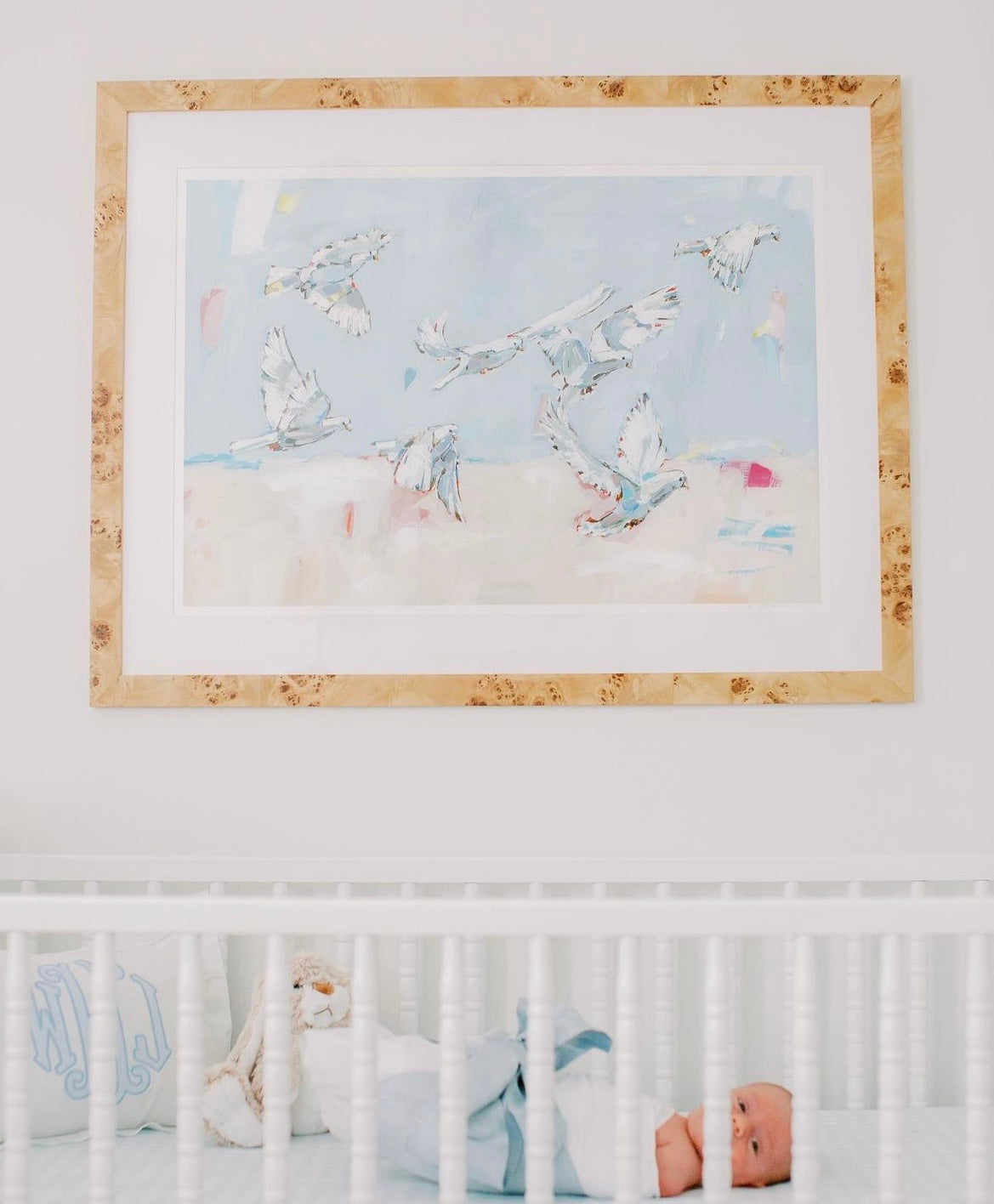 Peace On Earth II Doves fine art print showing two white doves resting on a wooden branch with a beige background.