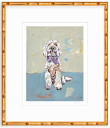 Impressionistic painting of a white and light brown doodle dog wearing a purple bow tie, seated against a muted beige and blue background.
