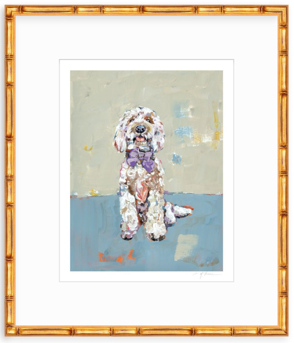 Impressionistic painting of a white and light brown doodle dog wearing a purple bow tie, seated against a muted beige and blue background.