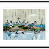 Impressionistic painting of mallard ducks with green heads resting and swimming near a grassy shore against a muted beige and blue background.