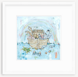 Whimsical watercolor painting of Noah's Ark with animals like giraffes, elephants, and birds under a soft rainbow on a light blue background.