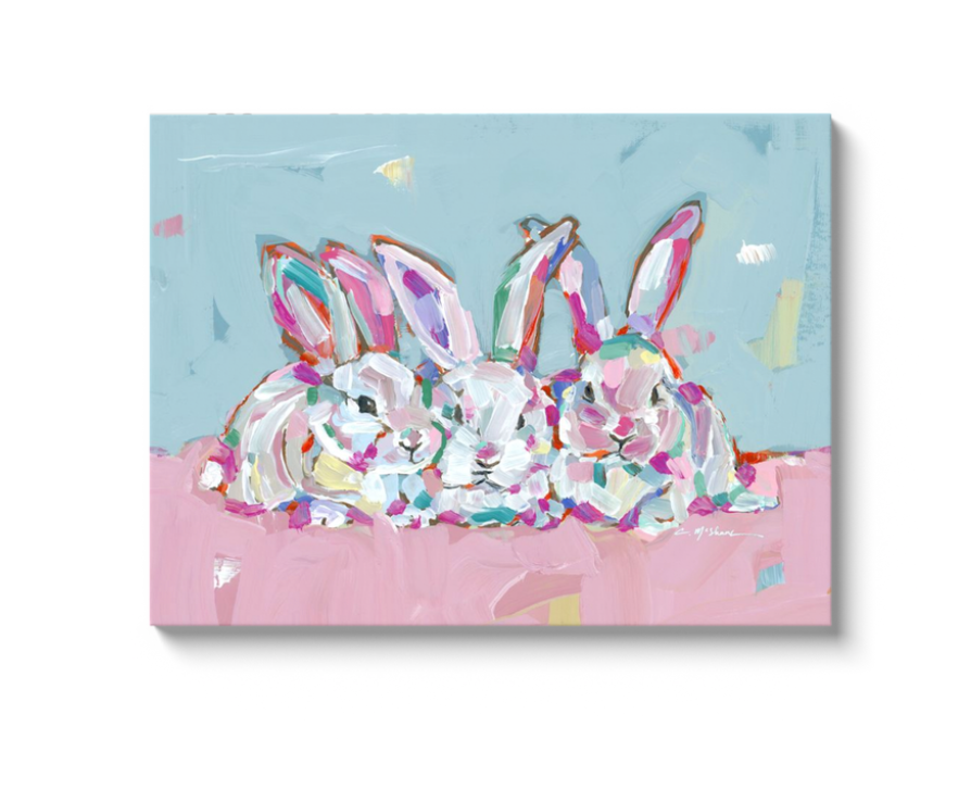 "Hip Hap Hop" bunnies on canvas by Chelsea McShane Art - main product image for Resin Society