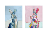 Hippity Hops Bunnies fine art print in light blue showing two playful bunnies