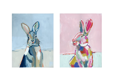 Hippity Hops Bunnies fine art print in light blue showing two playful bunnies