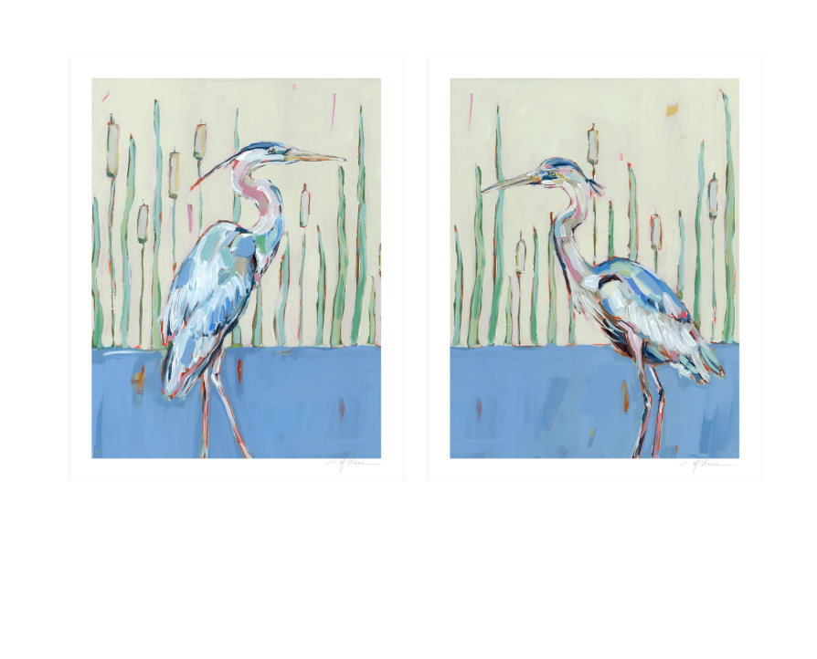 Blue Herons Fine Art Print showing two bird-themed prints with artist signature on archival paper.