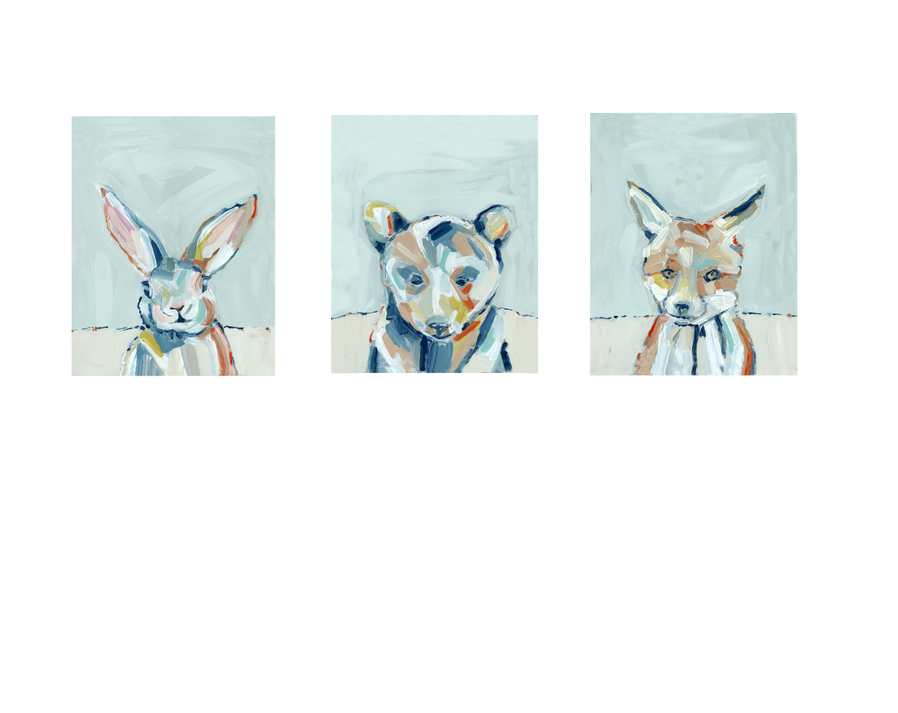 The Woodlands Fox Bear Bunny Fine Art Prints arranged shown in 8x10 sizes featuring stylized animal illustrations on archival paper