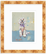 Impressionistic painting of a fluffy white dog wearing a purple bow tie, sitting on a blue floor with a muted beige background in a light wood grain frame.