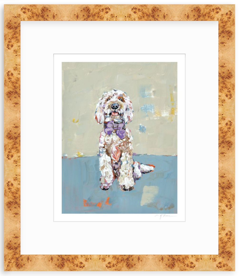 Impressionistic painting of a fluffy white dog wearing a purple bow tie, sitting on a blue floor with a muted beige background in a light wood grain frame.