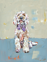 Doodle Dog artwork on blue background printed on paper