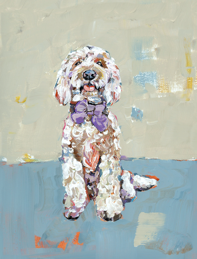 Doodle Dog artwork on blue background printed on paper