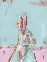 Abstract portrait of a bunny depicted with bold brushstrokes in pastel colors including pink, white, and gray against a light blue and orange background.