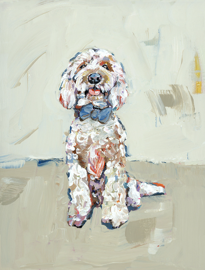 Vertical fine art print of a Goldendoodle dog wearing a blue bow, framed in black
