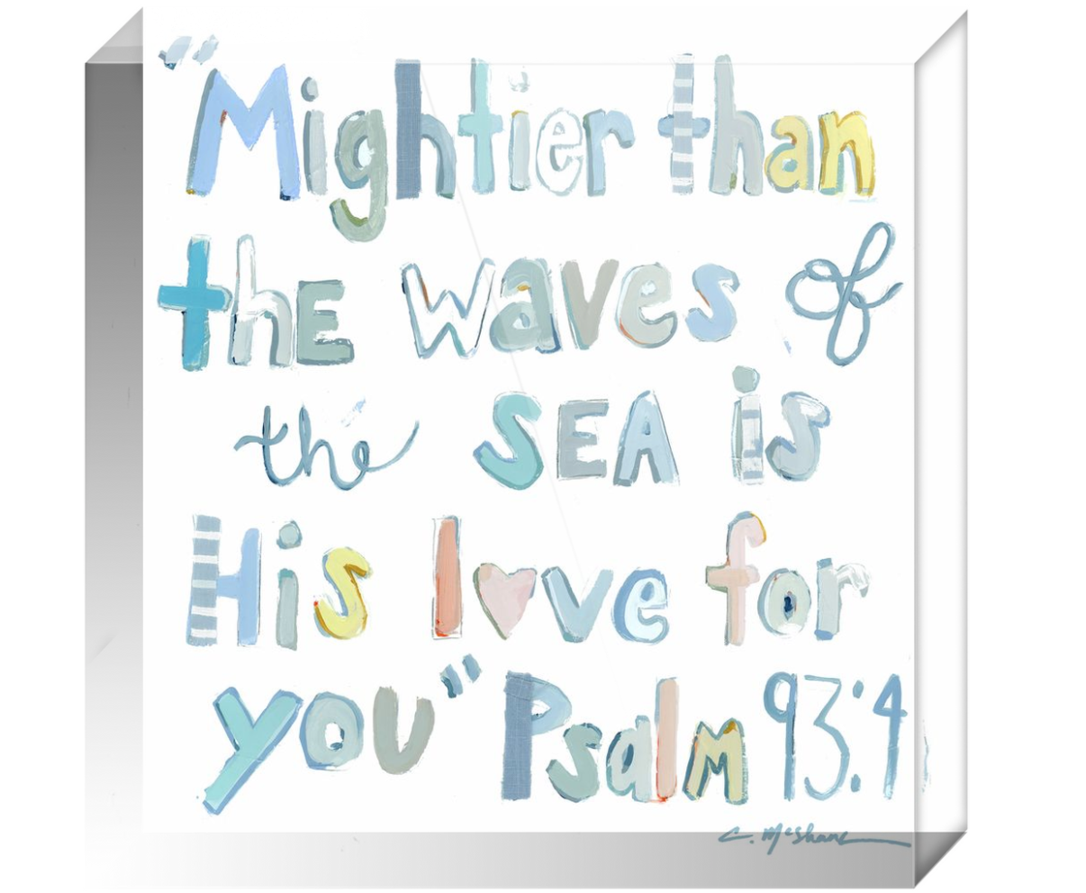 Psalm 93:4 Bible Verse Acrylic Tabletop Art showing pink and blue color options on thick acrylic blocks
