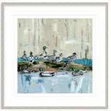 Impressionistic painting of eleven ducks on and around a green-brown mound in pale blue water with vertical beige and gray brushstrokes in the background, framed in white.