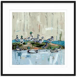 Painting of twelve ducks standing on a green-brown mound and floating on reflective blue-gray water, with a beige and gray abstract background.