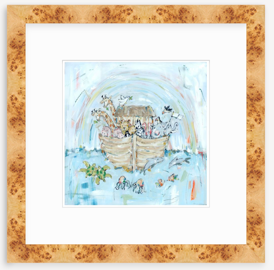 Framed and unframed versions of Noah's Ark III Nursery Fine Art Print depicting a stylized ark scene