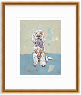 Impressionistic painting of a white and light brown doodle dog wearing a purple bow tie, sitting against a muted beige and blue background.