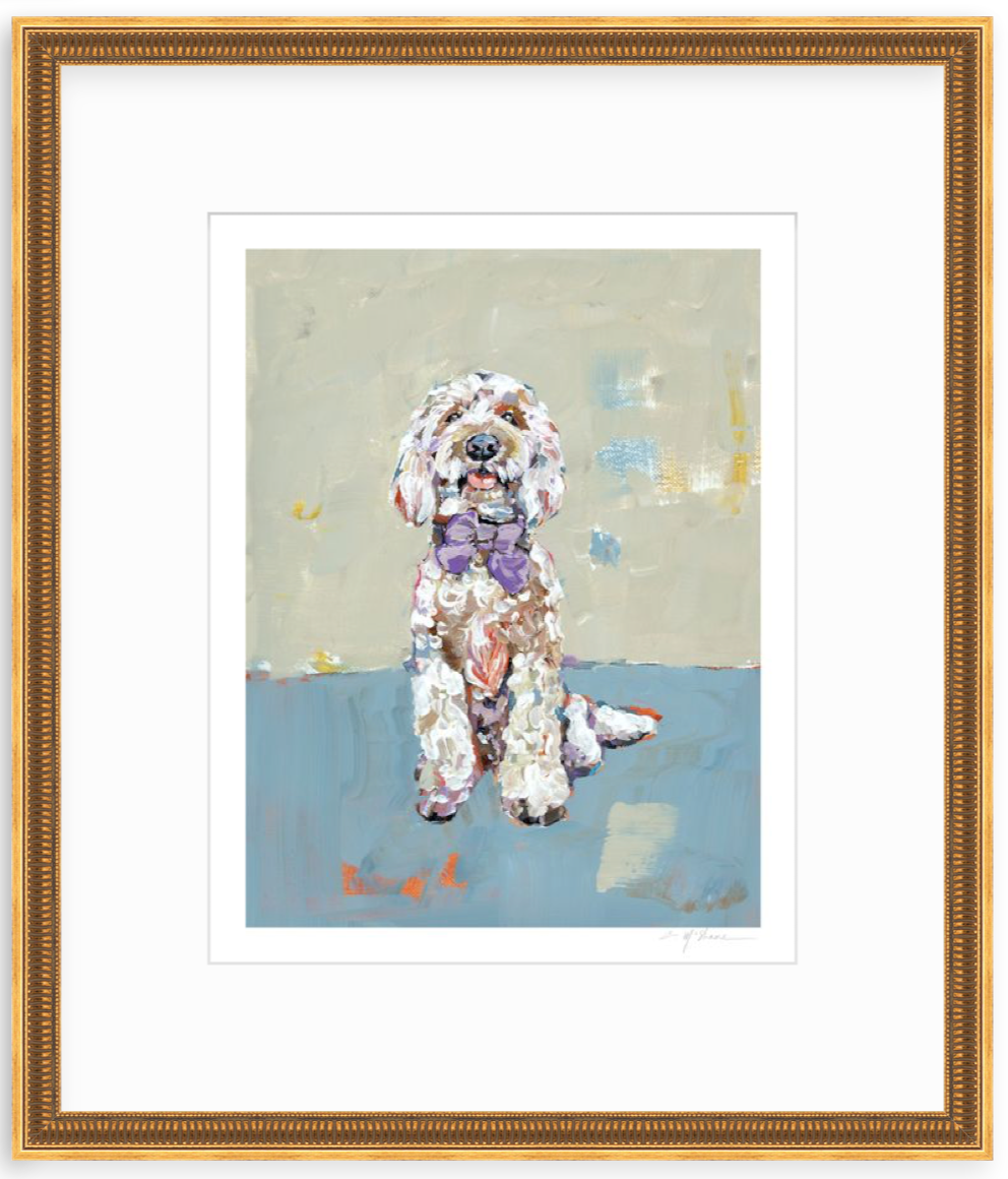 Impressionistic painting of a white and light brown doodle dog wearing a purple bow tie, sitting against a muted beige and blue background.